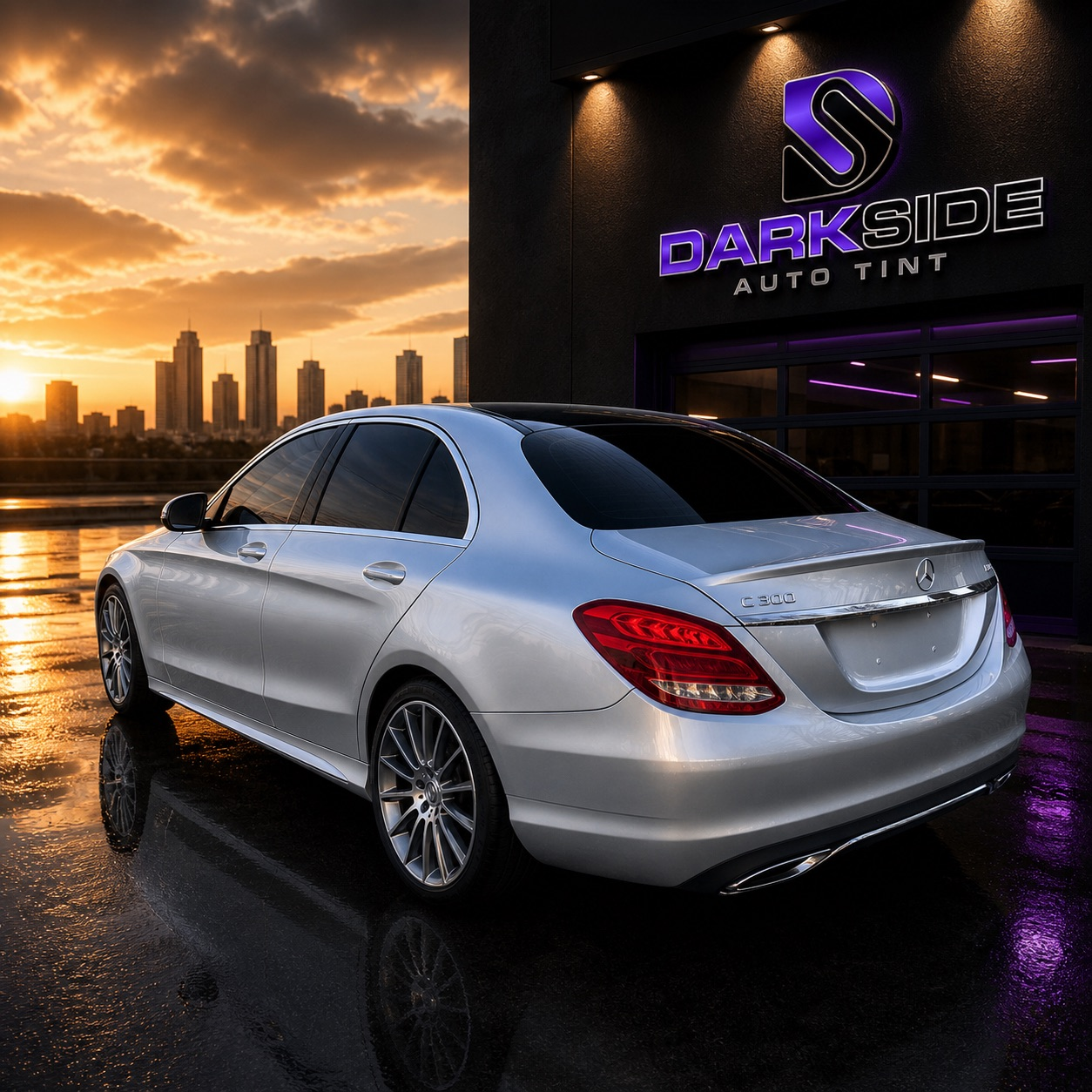 White Mercedes C 300 with premium ceramic tint parked in front of Dark Side Auto Tint shop in Kennewick
