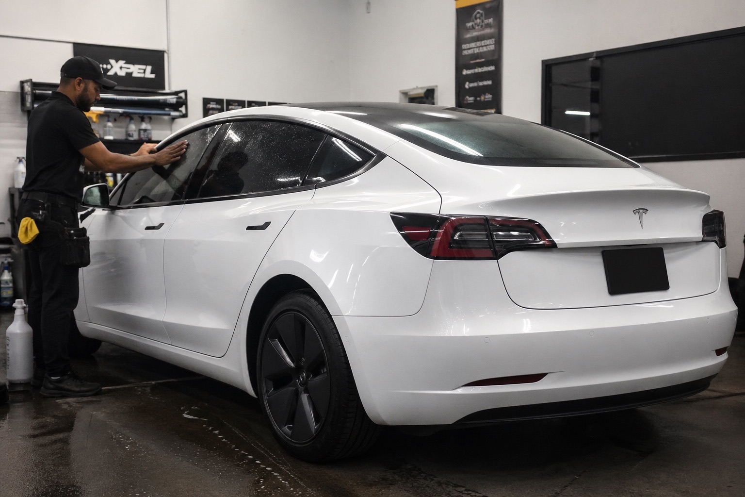 Professional installer tinting a white Tesla Model 3
